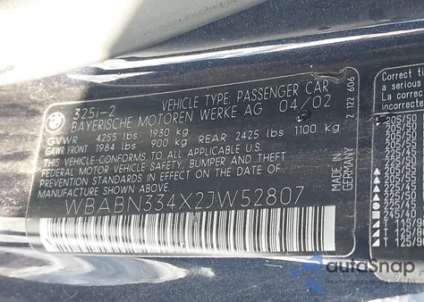 2002 BMW 325Ci z USA, uszkodzony, nr VIN WBABN334X2JW52807